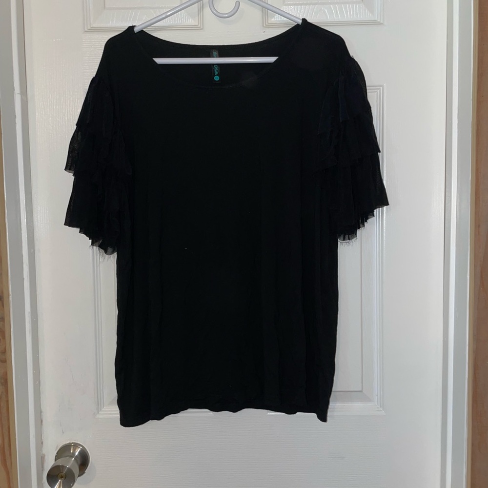 Women's Black Short Sleeve Top with Ruffle Tiered Sleeves